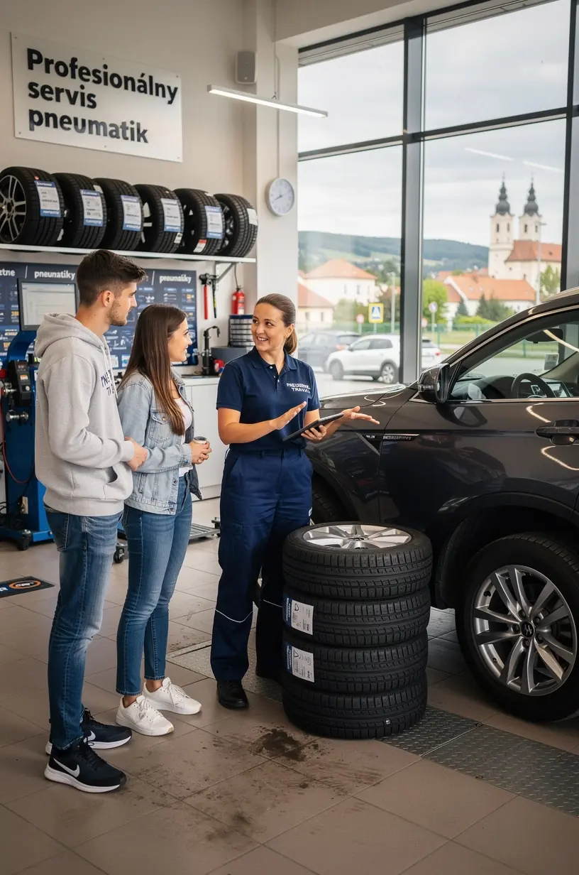 Rad automobilových pneumatík usporiadaných podľa sezónnych typov v pneuservise.
